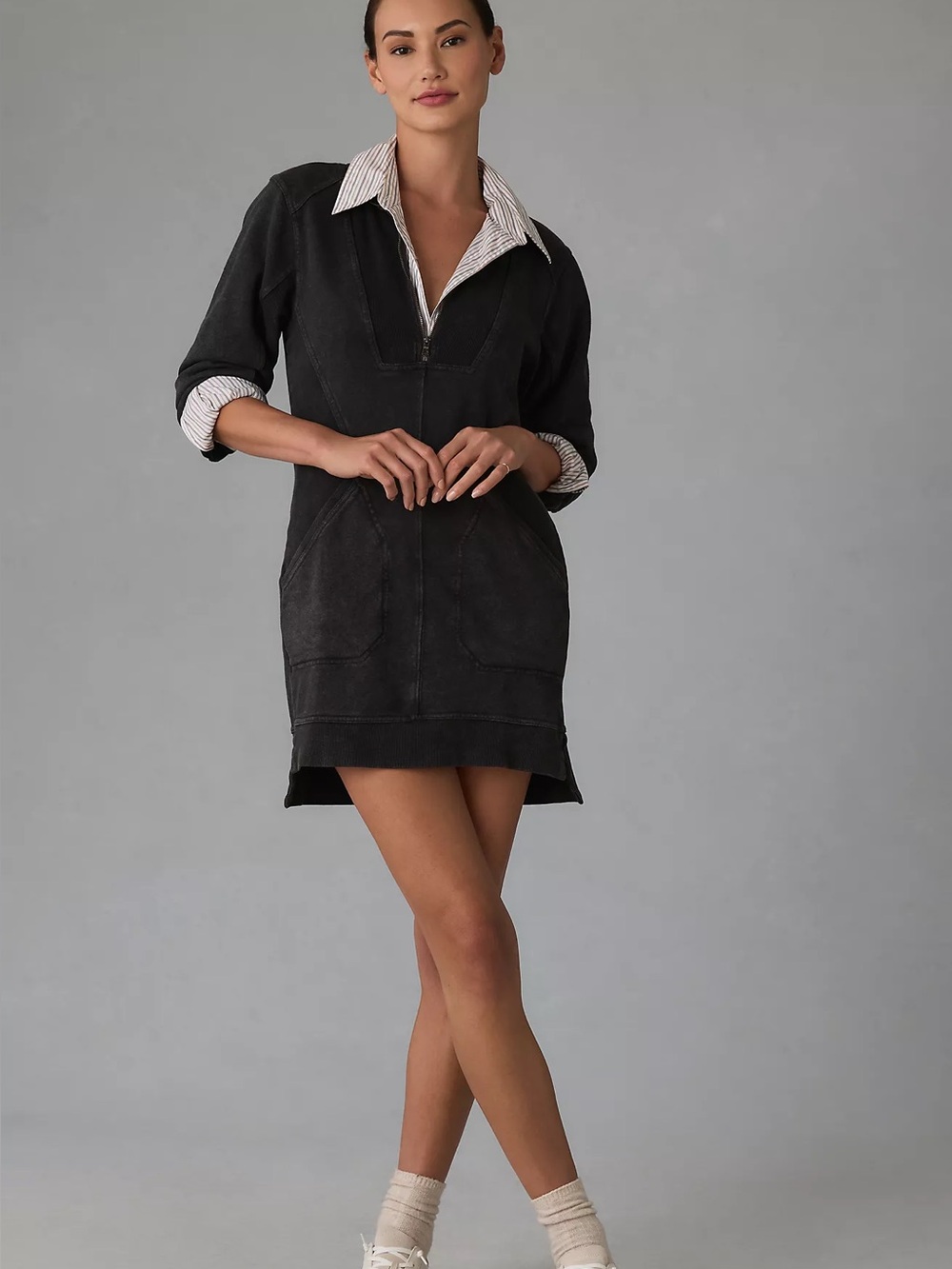 Anthropologie Daily Practice Meru Half Zip Sweatshirt Mini Dress Black XL